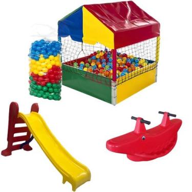 Imagem de Kit Piscina de Bolinhas 1,00m 500 Bolinhas Escorregador Médio Gangorra