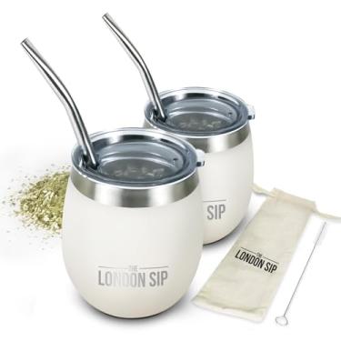 Imagem de Conjunto London Sip Yerba Mate Cup and Bombilla, inclui 2 cuias (227 g cada), tampas resistentes a derramamentos, canudos, escova Bombilla e bolsa incluídos, branco pérola