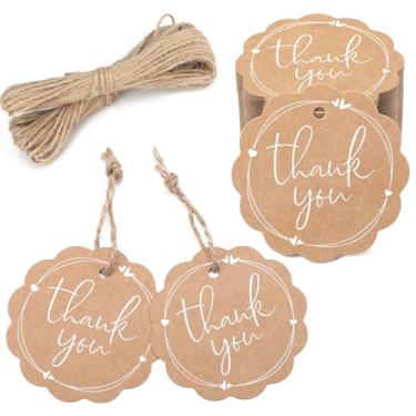 Imagem de Etiqueta de presente de agradecimento redonda 100 peças, com corda, etiquetas laterais onduladas, etiquetas de papel kraft para presente com barbante de juta, etiquetas personalizadas para casamento, chá de bebê, festa, aniversário, chá de noiva (6 cm)