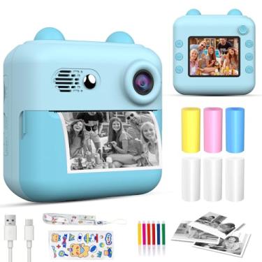 Imagem de Câmera infantil com impressão instantânea, adequada para aniversários de crianças de 3 a 10 anos, câmera digital HD para impressão infantil 1080p, brinquedos portáteis para crianças (A22-azul)