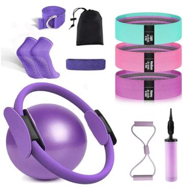Imagem de Equipamento de Pilates Premium para Mulheres - Kit de Treino em Casa 8 em 1 com Anel, Bola e Faixas de Resistência | Conjunto Portátil de Treino de Corpo Inteiro e Acessórios de Ioga