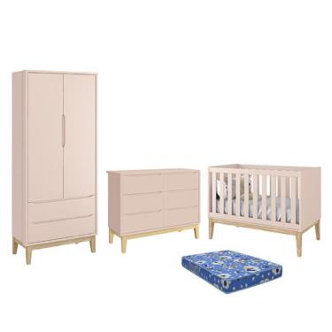Imagem de Dormitório Infantil Classic 2 Portas, Cômoda 6 Gavetas, Berço com Pés Madeira Natural e Colchão - Reller Móveis Rosa Fosco