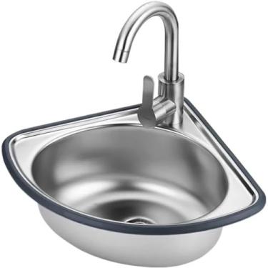 Imagem de Pia De Canto De Banheiro De Montagem Em Parede Pia De Aço Inoxidável De Tigela única Com Unidade De Escorredor E Pia De Torneira Protetor De Borda Para Gar, Cold Alone, 34x34cm-depth15cm