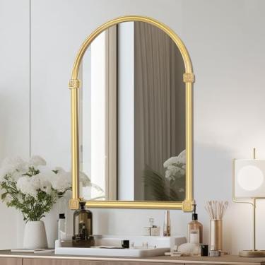 Imagem de Fitous Espelho de banheiro arqueado dourado de 61 cm x 91 cm, grande espelho de manto pendurado na parede com moldura de metal, antiferrugem, à prova de estilhaçamento, para sala de estar moderna