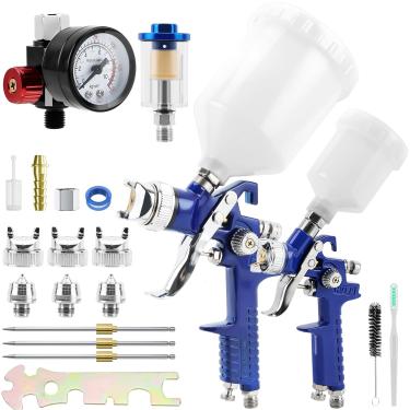 Imagem de Kit 2 Pistolas de Pintura com Filtro de Ar, Pressão Ajustável 3-10 Bar, 3 Bicos 0,8/1,2/1,4mm, Capacidade 125/600ml