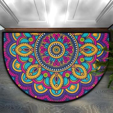 Imagem de Capacho para ambientes externos étnico boho mandala meio redondo, tapete de entrada antiderrapante absorvente, tapete de decoração de varanda de baixo perfil, tapete de entrada de baixo perfil, tapete