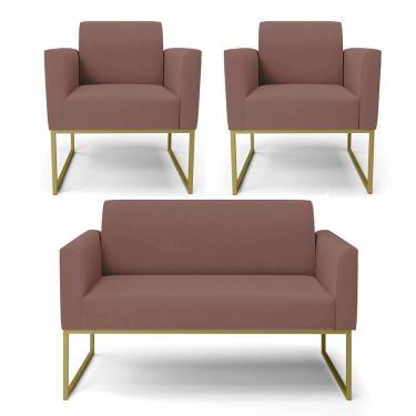 Imagem de Sofá Namoradeira Com 2 Poltronas Base Industrial Dourado Marisa Veludo D03 - D\'rossi Cor Rose
