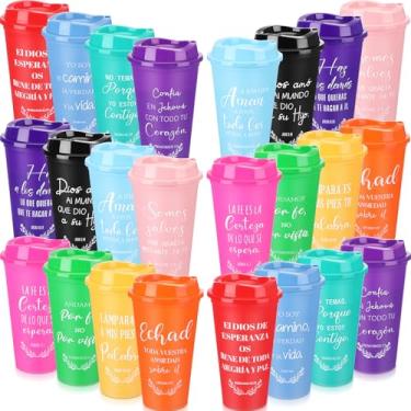 Imagem de Zhehao Copos de café cristãos espanhóis de 473 ml, reutilizáveis, versículo da Bíblia religiosa, copos de plástico a granel com tampas, caneca de viagem para presentes cristãos inspiradores frios e