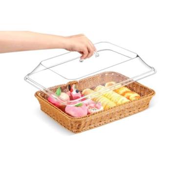 Imagem de Cesta de pão de vime de imitação tecida à mão com tampa, cesta de armazenamento de escorredor frutas