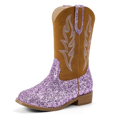 Imagem de Hehainom Botas De Cowboy Para Meninas, Botinhas Crianças Pequenas, Grandes, Cano Médio, Sapatos Montaria, Roxo, Lantejoulas, 4 M, Eua, Criança, Meninos,
