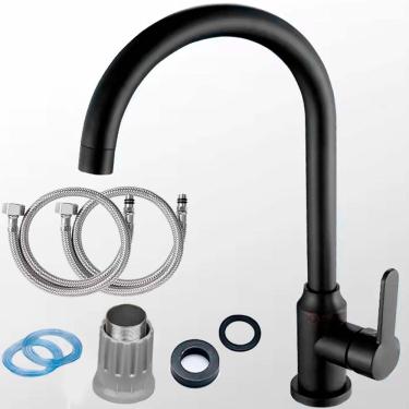 Imagem de Torneira Preta Gourmet Pia Bica Grande Giratória 360° Monocomando Misturador Agua Quente e Fria Aço Bancada Mesa Cuba Banheiro lavabo Cozinha Luxo 1/2