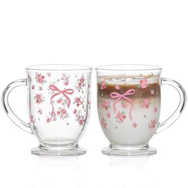 Imagem de KEMORELA Conjunto de 2 canecas de café de vidro de 473 ml - Copos de padrão de laço rosa transparente com alça, copos duráveis para bebidas quentes/geladas, chá, latte, cappuccino - lavável na