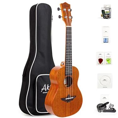 Imagem de AKLOT Ukulele de mão esquerda para concerto, mogno sólido, 58 cm, Uke com tutorial gratuito e kit para iniciantes (bolsa para presente, palhetas, afinador, alça, corda, pano de limpeza, manual de iniciantes)