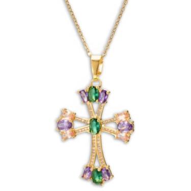 Imagem de Colar Feminino Crucifixo "Vitral Cross" em Aço Inoxidável Banhado a Ouro – Pedras Coloridas 50cm – Acessório Religioso, Sofisticado e Elegante – Acompanha Bolsa de Veludo