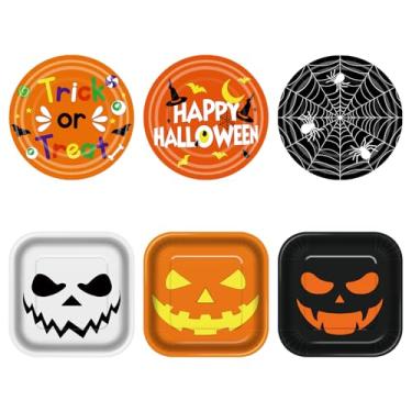 Imagem de Lejof 60 pratos de papel de Halloween de 23 cm, 6 designs quadrados redondos descartáveis prato de festa resistente para suprimentos de festa de Halloween