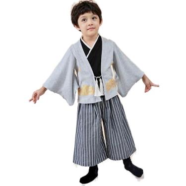 Imagem de Fantasias de samurai para meninos, conjunto de roupas de quimono infantil, para meninos, guerreiro japonês, fantasia de Halloween, cosplay, manto Ninja cinza