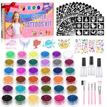 Imagem de Kit de tatuagem temporária com glitter para crianças, 220 estênceis – 70 + adesivos infantis – 36 cores com glitter – 3 colas – 5 pincéis – Tatuagens com glitter para festas e maquiagem, presente para