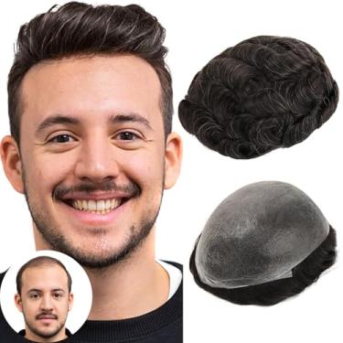 Imagem de BEEOS Toupee de pele fina de 0,08 mm para homens, 20 x 25 cm, base de poliuretano em V, cabelo humano real, peruca masculina #1B10, preto natural com 10% cinza