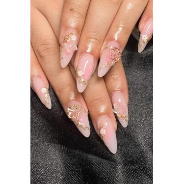Imagem de RUOKEXIN Unhas postiças ombres de amêndoa média, rosa, douradas, brilhantes, com desenhos de flores 3D, unhas artificiais de borboleta, prensas de unhas de amêndoa fofas para mulheres, 24 peças