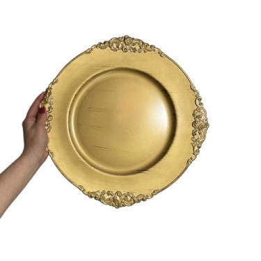 Imagem de Kit com 6 Peças Sousplat Decorativo Redondo Dourado Poliuretano Acabamento Rústico com Borda Ornamentada