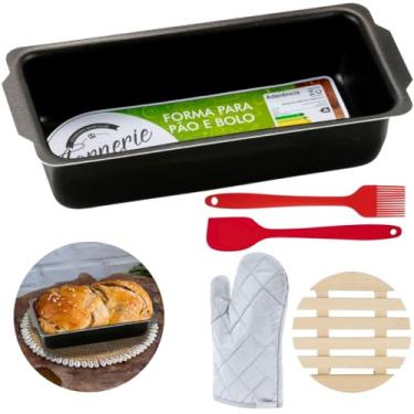 Imagem de Forma de Pão Retangular Grande Antiaderente 2L + Luva Térmica + Pincel + Espátula + Descanso Panela Redondo