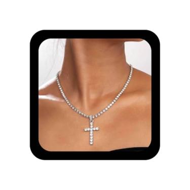 Imagem de YienDoo Colar de tênis com cruz vertical prateada com strass brilhante CZ colar com pingente de cruz minimalista religiosa crucifixo Colares Hip Hop Joias de fantasia para mulheres