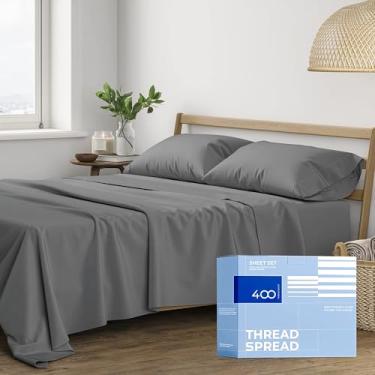Imagem de Lençóis THREAD SPREAD Queen – 400 fios 4 peças 100% algodão egípcio, lençóis refrescantes Queen, lençóis de algodão de cetim trançado, jogo de cama queen com bolso profundo, lençol queen macio (cinza