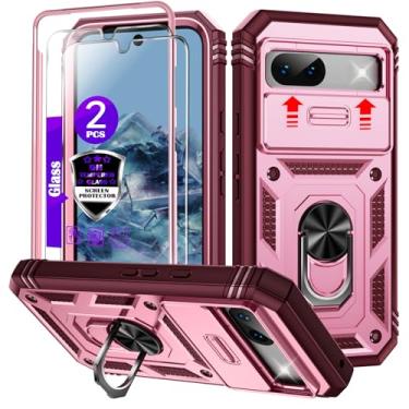 Imagem de Capa para Google Pixel 8A com capa deslizante para câmera, 2 protetores de tela de vidro temperado, suporte de anel giratório de 360°, capa protetora de grau militar para Google Pixel 8A 6,1 polegadas