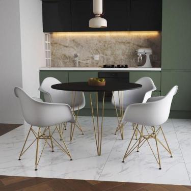 Imagem de Mesa Jantar Redonda 110Cm Preta Clips 3 Pés Com 4 Poltronas Brancas Ba