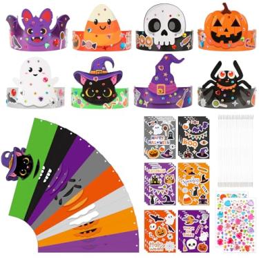 Imagem de Conjunto de 24 kits de artesanato de artes de Halloween faça você mesmo coroa de papel para cabeça de abóbora morcego fantasma doces gatos aranha chapéu de bruxa caveira com adesivos temáticos pedras