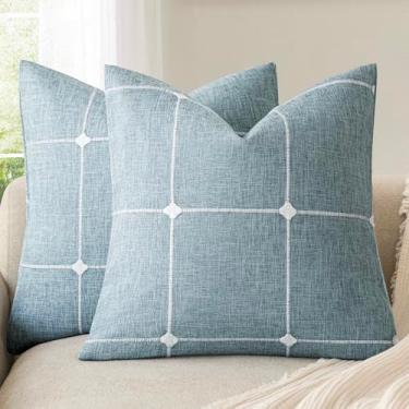 Imagem de Foindtower Pacote com 2 fronhas decorativas de linho falso jacquard xadrez capa de almofada de fazenda com detalhes texturizados em grade para sofá, sala de estar, decoração de casa, 56 × 56 cm, azul