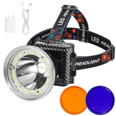 Imagem de Lanterna de cabeça de LED recarregável com feixe de inundação e ponto, visor de energia, 5 modos de iluminação, lente de filtro amarelo/azul, lanterna de cabeça impermeável de alto lúmen para pesca
