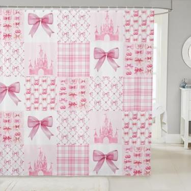 Imagem de Manfei Cortinas de chuveiro infantis com laço rosa, laço de cereja, castelo de princesa, cortinas de banheiro para meninas e mulheres, xadrez geométrico, cortinas impermeáveis exclusivas, 12 ganchos