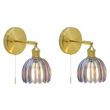 Imagem de Arandela de parede tulipa cinza fumê vintage moderno conjunto de 2 com interruptor de corrente de puxar e moldura de metal de latão e cabeça giratória de 90° para sala de estar quarto corredor