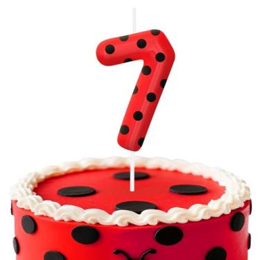 Imagem de Velas de aniversário de joaninha número 7, topo de bolo de bolinhas vermelhas e pretas para meninos e meninas, decorações de aniversário, suprimentos de festa, velas numéricas para decoração de festa
