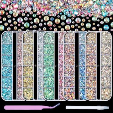 Imagem de Sinyanail Kit de strass multicolorido, 12780 peças, cristais mistos de 2 a 6 mm AB Flatback Jelly Sereia Pérola Strass Pedras Preciosas com Caneta Pick Up e Pinça Curva (5 Box-Laser)