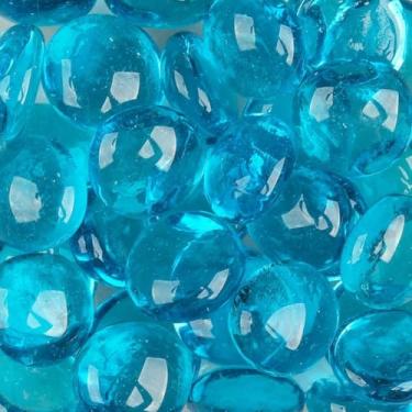 Imagem de LiFschal Mármores de vidro plano, pedras de vidro azul lago, contas de mármore de fundo plano, grânulos de enchimento de vasos seixos de vidro decorativos para aquário de peixes, cerca de 200 g, 32-37