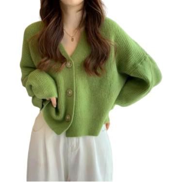 Imagem de Senhoras Cardigan Outono Inverno Decote Em V Solto Slouchy Malhas Manga Comprida Suéter Cardigan Simples All-match Top Feminino, Green, M 50-55KG