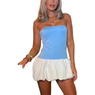Imagem de Mulheres Sem Alças Mini Vestido Tubo Top Saia Bolha Vestido Curto Fora Do Ombro Espartilho Top Balão Vestido Clube Festa, Blue, S