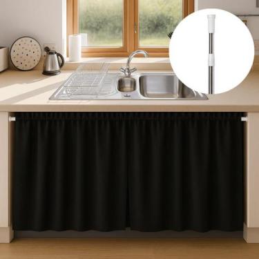 Imagem de Kit 2 Cortinas Pia Cozinha Impermeável PVC Blackout + Varão extensível