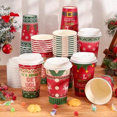 Imagem de FYSUIMU Copos de papel de Natal, vermelho, verde, suéter feio descartáveis com tampas, 473 ml, xícara de café para viagem, festa de inverno, café, bebidas quentes e frias, 48 peças