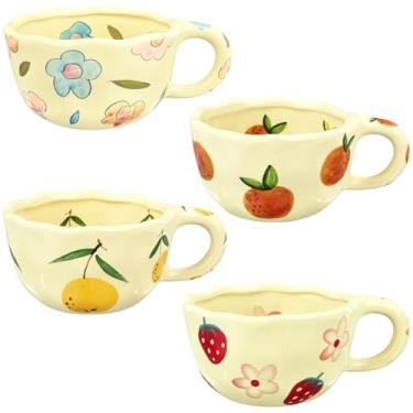 Imagem de Conjunto de 4 canecas de café com 4 canecas florais fofas de cerâmica de frutas 227 g Estética Irregula Latte Art Xícaras Kawaii para micro-ondas Vintage Porcelana Chávenas de Morango Conjunto de