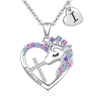 Imagem de Colar com cruz de unicórnio para meninas – Colar colorido com coração de zircônia cúbica e unicórnio, presente de aniversário, batismo, Natal para meninas e adolescentes, 16”+2”, Latão Zircônia cúbica