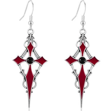 Imagem de JNONL Brincos góticos feitos à mão com pingente de cruz de esmalte oco punk retrô brilhante geometria de cristal para mulheres e homens, Medium, Metal, Sem pedra preciosa