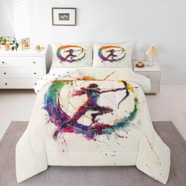 Imagem de Manfei Jogo de cama casal com tema de jogos esportivos, 3 peças, edredom moderno com estampa de atleta de tiro com arco para todas as estações, para decoração de quarto de crianças e adolescentes, 2