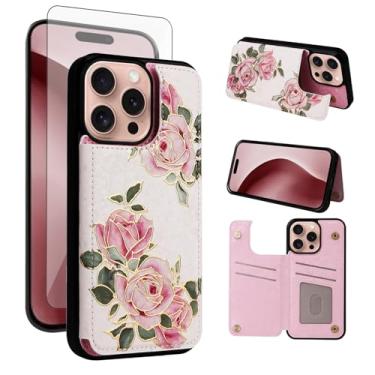 Imagem de Asuwish Capa de telefone para iPhone 16 Pro 6,3 polegadas carteira celular com protetor de tela de vidro temperado flor de luxo couro PU porta-cartão suporte suporte i Phone16 i16 16Pro mulheres