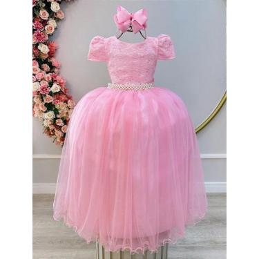 Imagem de Vestido Infantil Longo Rosa Tule Renda para Casamento e Festas - no-br