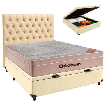 Imagem de Cama Box Bau + Colchão Casal Ortobom Molas Ensacadas Airtech + Cabecei