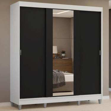 Imagem de Guarda-Roupa Casal com Pés 3 Portas de Correr com Espelho Branco/Preto