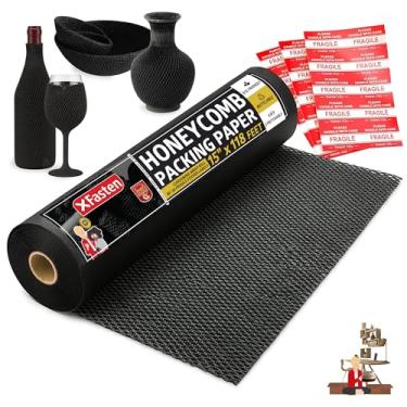 Imagem de Papel de embalagem de favo de mel preto para movimentação de 38 cm x 30 m, papel de embrulho de favo de mel para almofada de embalagem com 30 adesivos frágeis suprimentos de embalagem por Xfasten